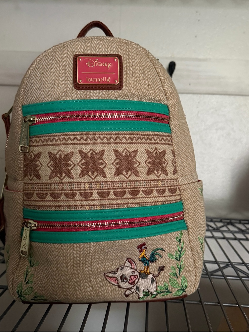 Loungefly Beige Moana Pua & Hei Hei Mini Backpack with Teal and Pink Accents